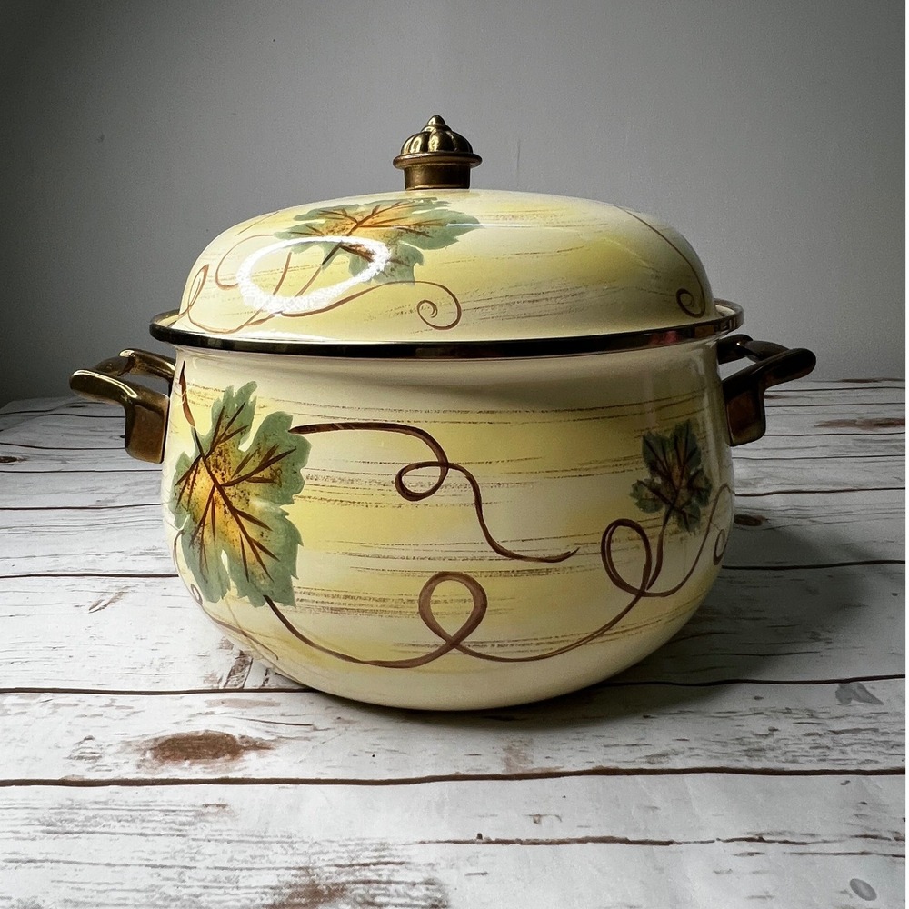 Vintage Enamel Stock Pot Yellow Grape Leaf Pattern Brass Handles 10in Dutch Oven